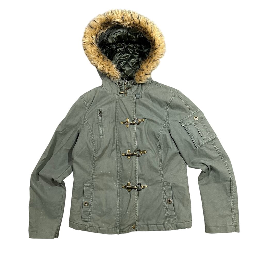 Vintage Y2K Old Navy Faux Fur Hood Jacket Womens Medium Metal Clasps Military